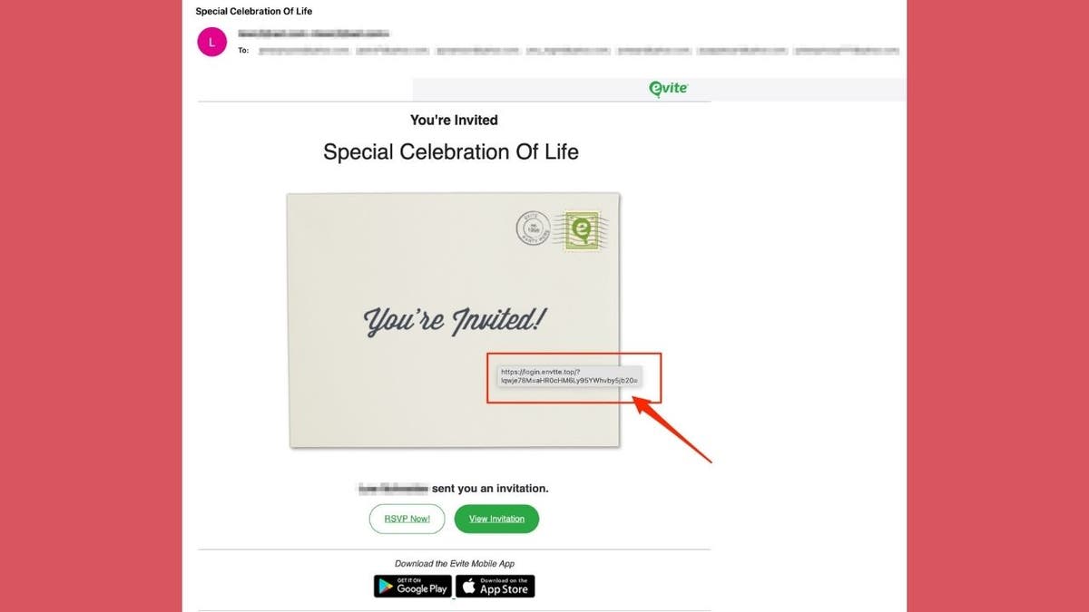 Fake Evite email with a red box highlighting a suspicious phishing link resembling Evite branding.