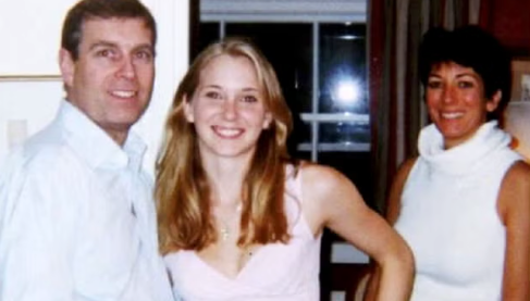 A picture purporting to show Prince Andrew, Virginia Giuffre and Jeffrey Epstein confidante Ghislaine Maxwell